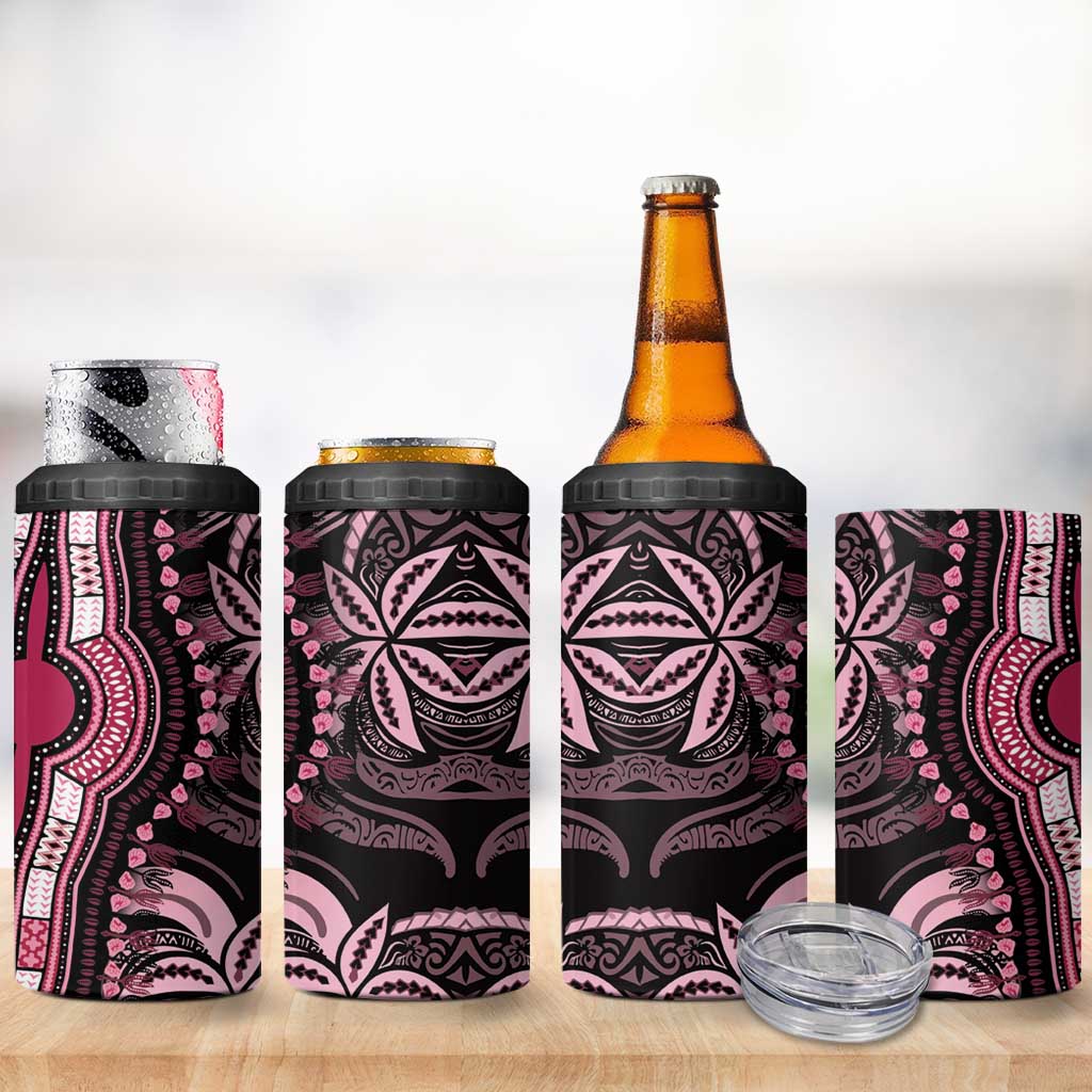 Polynesia Mixed African Dashiki 4 in 1 Can Cooler Tumbler Afro-pacific Culture - Pink