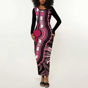 Polynesia Mixed African Dashiki Long Sleeve Bodycon Dress Afro-pacific Culture - Pink LT9