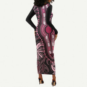 Polynesia Mixed African Dashiki Long Sleeve Bodycon Dress Afro-pacific Culture - Pink LT9