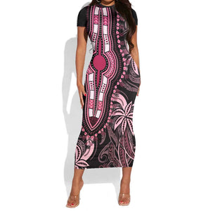 Polynesia Mixed African Dashiki Short Sleeve Bodycon Dress Afro-pacific Culture - Pink LT9