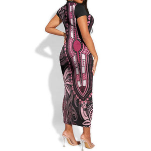 Polynesia Mixed African Dashiki Short Sleeve Bodycon Dress Afro-pacific Culture - Pink LT9