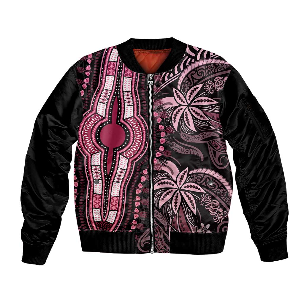 Polynesia Mixed African Dashiki Sleeve Zip Bomber Jacket Afro-pacific Culture - Pink
