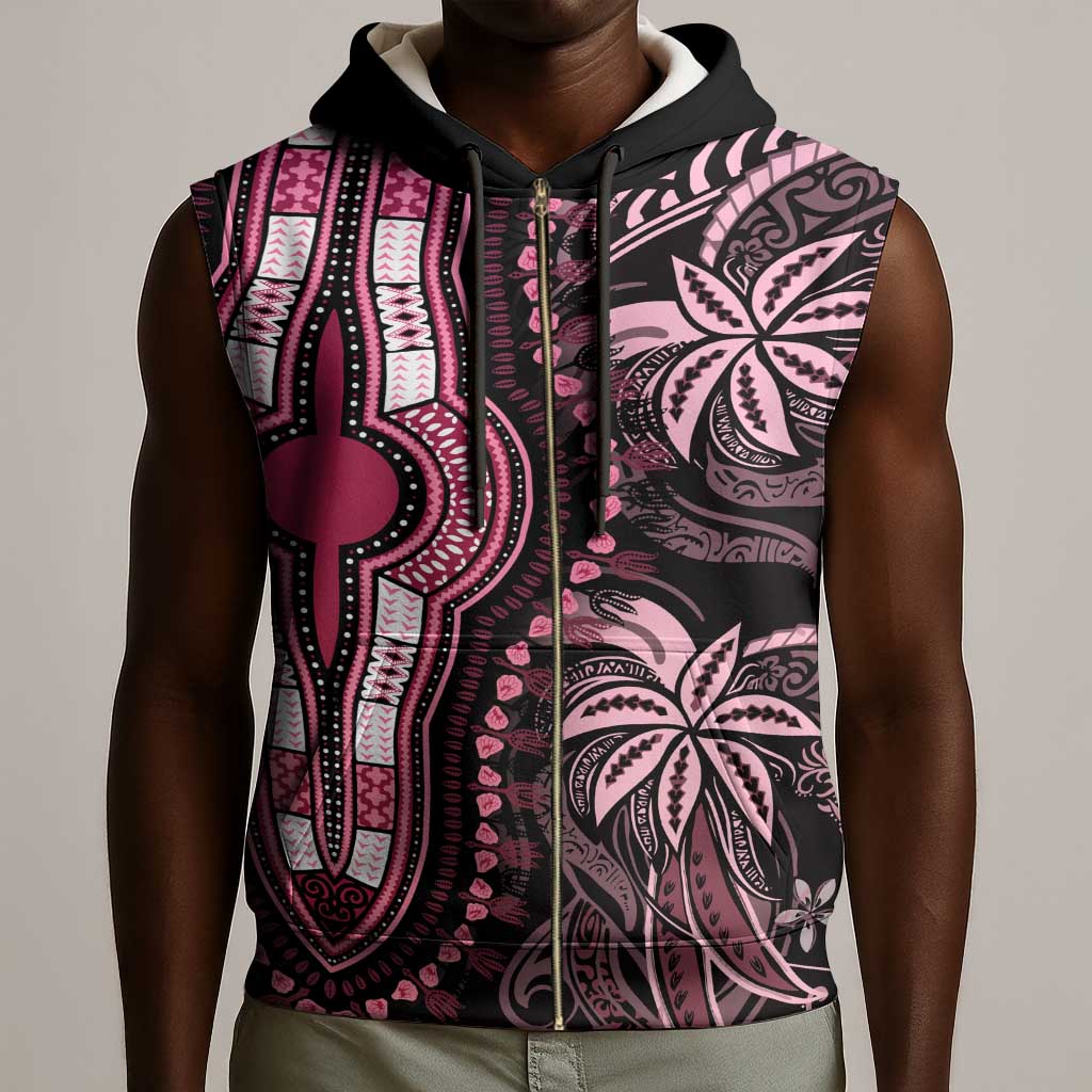 Polynesia Mixed African Dashiki Sleeveless Zip Hoodie Afro-pacific Culture - Pink - African Pride