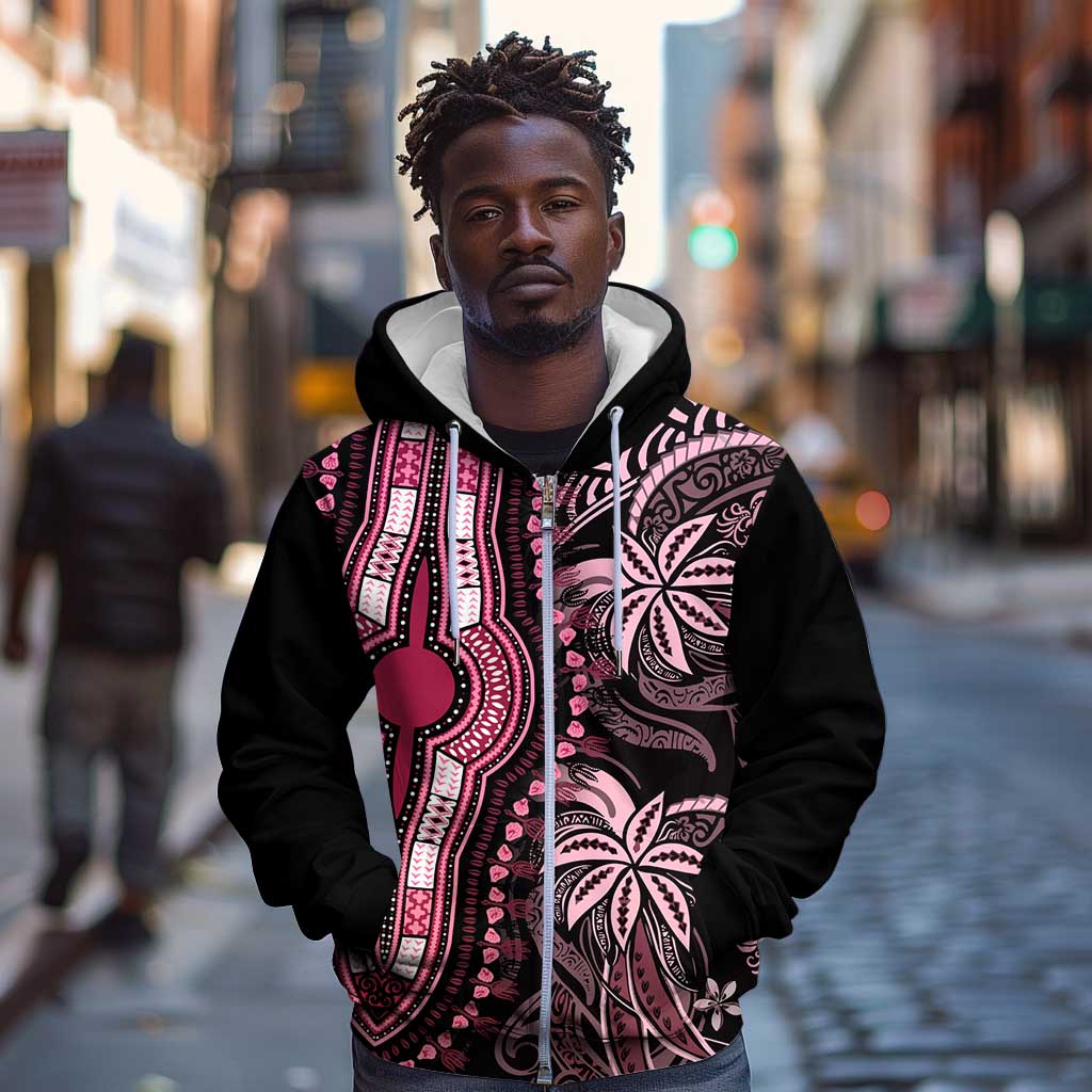 Polynesia Mixed African Dashiki Zip Hoodie Afro-pacific Culture - Pink
