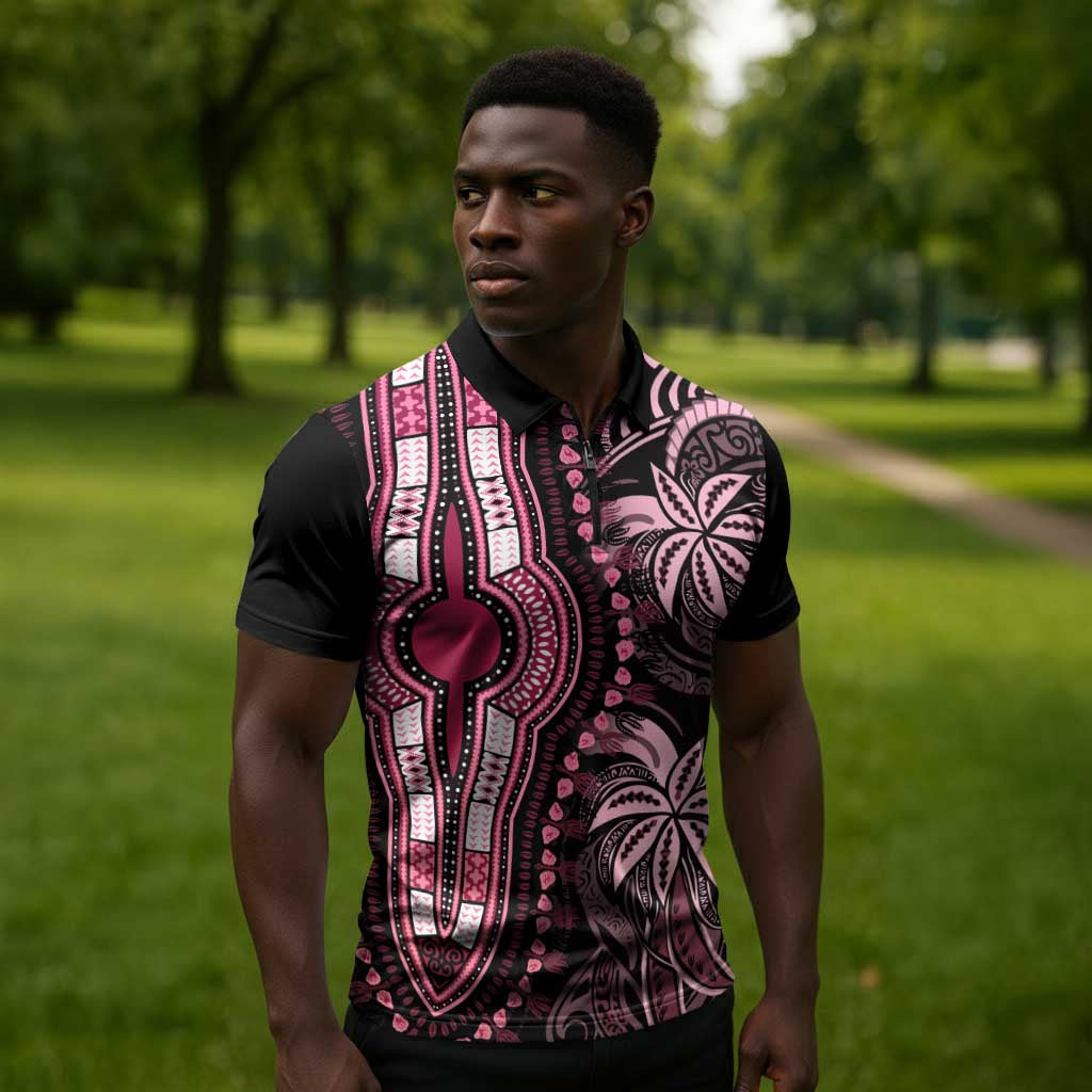 Polynesia Mixed African Dashiki Zipper Polo Shirt Afro-pacific Culture - Pink