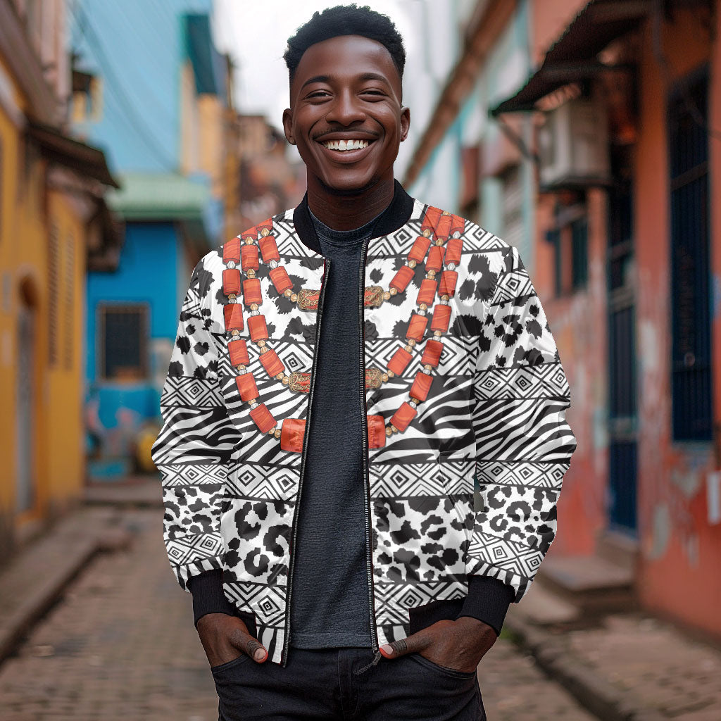 Nigeria Traditional Coral Bead Attire Bomber Jacket African Tribal Element Wild Animal Skins
