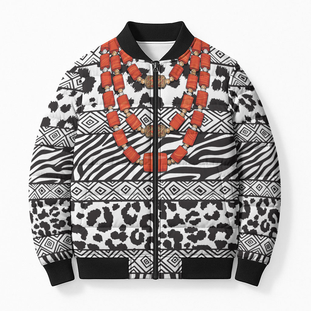 Nigeria Traditional Coral Bead Attire Bomber Puffer Jacket African Tribal Element Wild Animal Skins