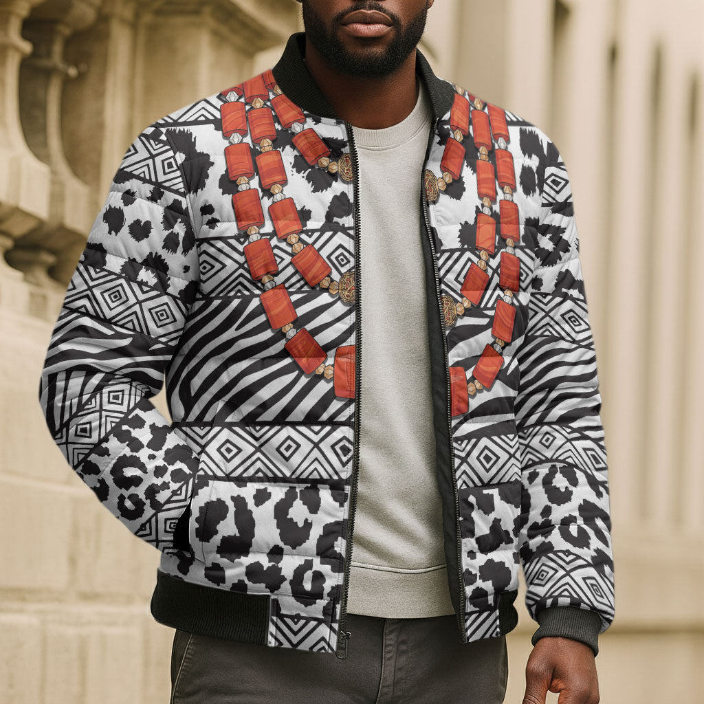 Nigeria Traditional Coral Bead Attire Bomber Puffer Jacket African Tribal Element Wild Animal Skins