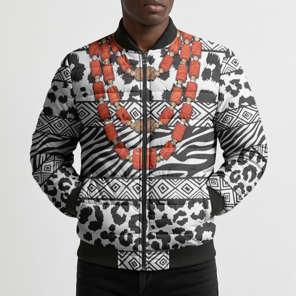 Nigeria Traditional Coral Bead Attire Bomber Puffer Jacket African Tribal Element Wild Animal Skins