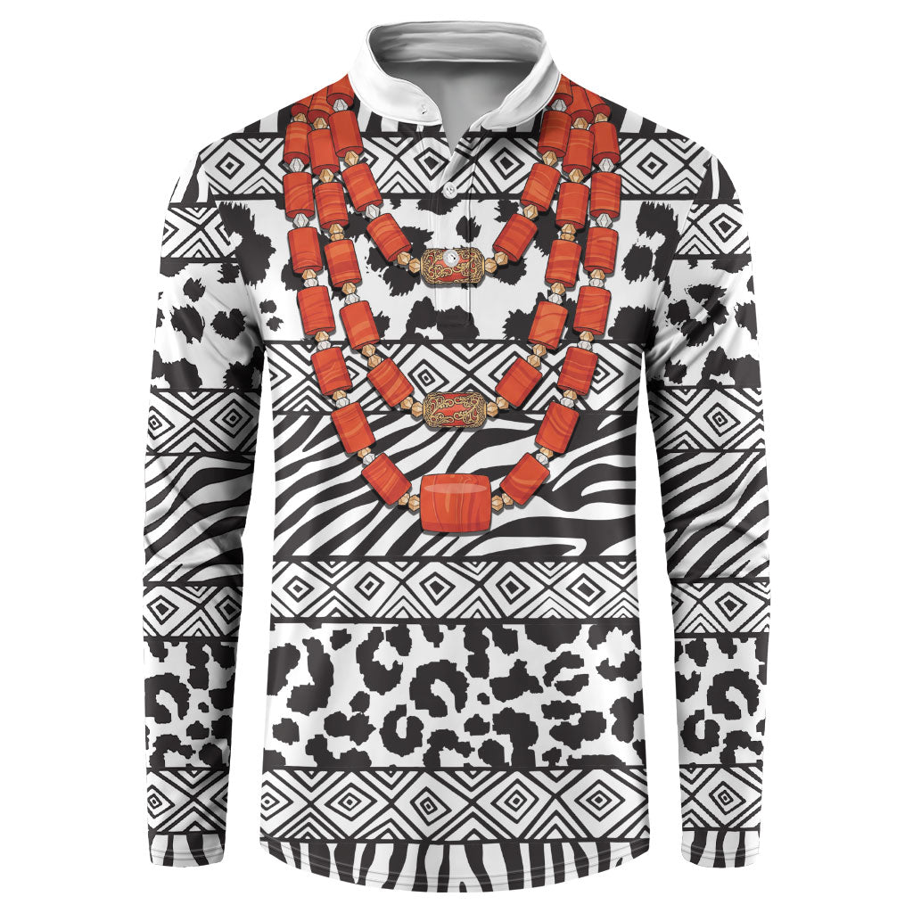 Nigeria Traditional Coral Bead Attire Button Sweatshirt African Tribal Element Wild Animal Skins