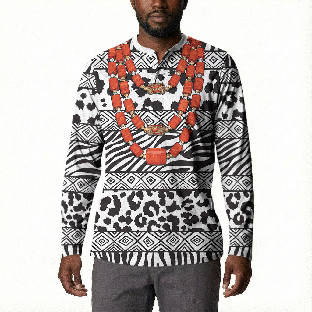 Nigeria Traditional Coral Bead Attire Button Sweatshirt African Tribal Element Wild Animal Skins