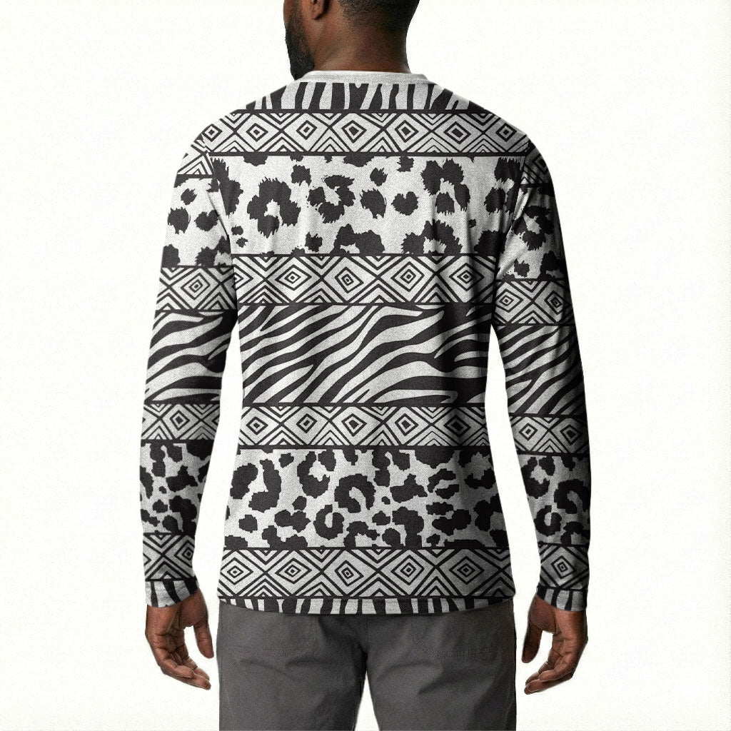 Nigeria Traditional Coral Bead Attire Button Sweatshirt African Tribal Element Wild Animal Skins