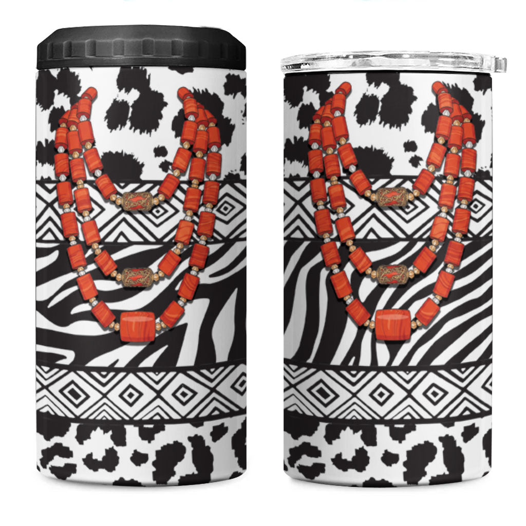 Nigeria Traditional Coral Bead Attire 4 in 1 Can Cooler Tumbler African Tribal Element Wild Animal Skins