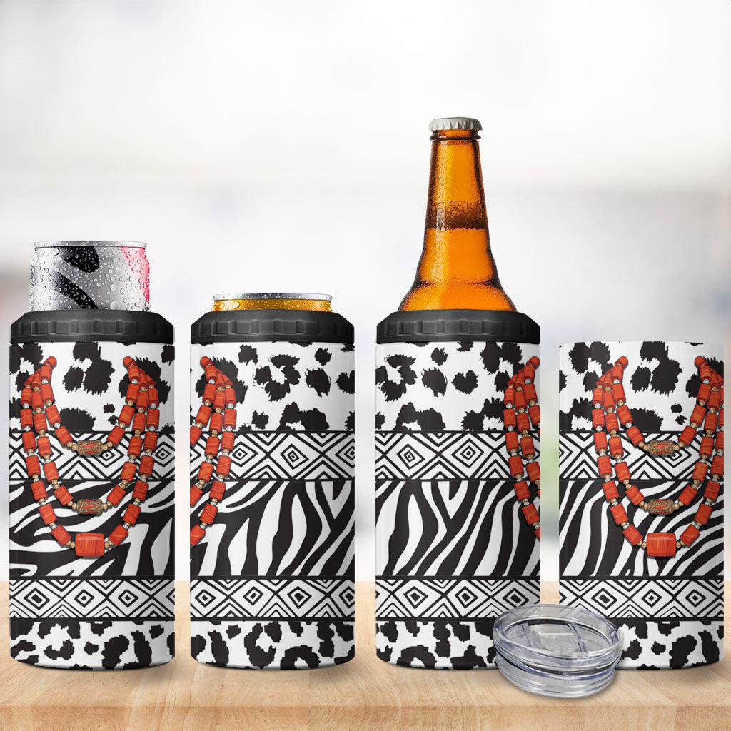 Nigeria Traditional Coral Bead Attire 4 in 1 Can Cooler Tumbler African Tribal Element Wild Animal Skins