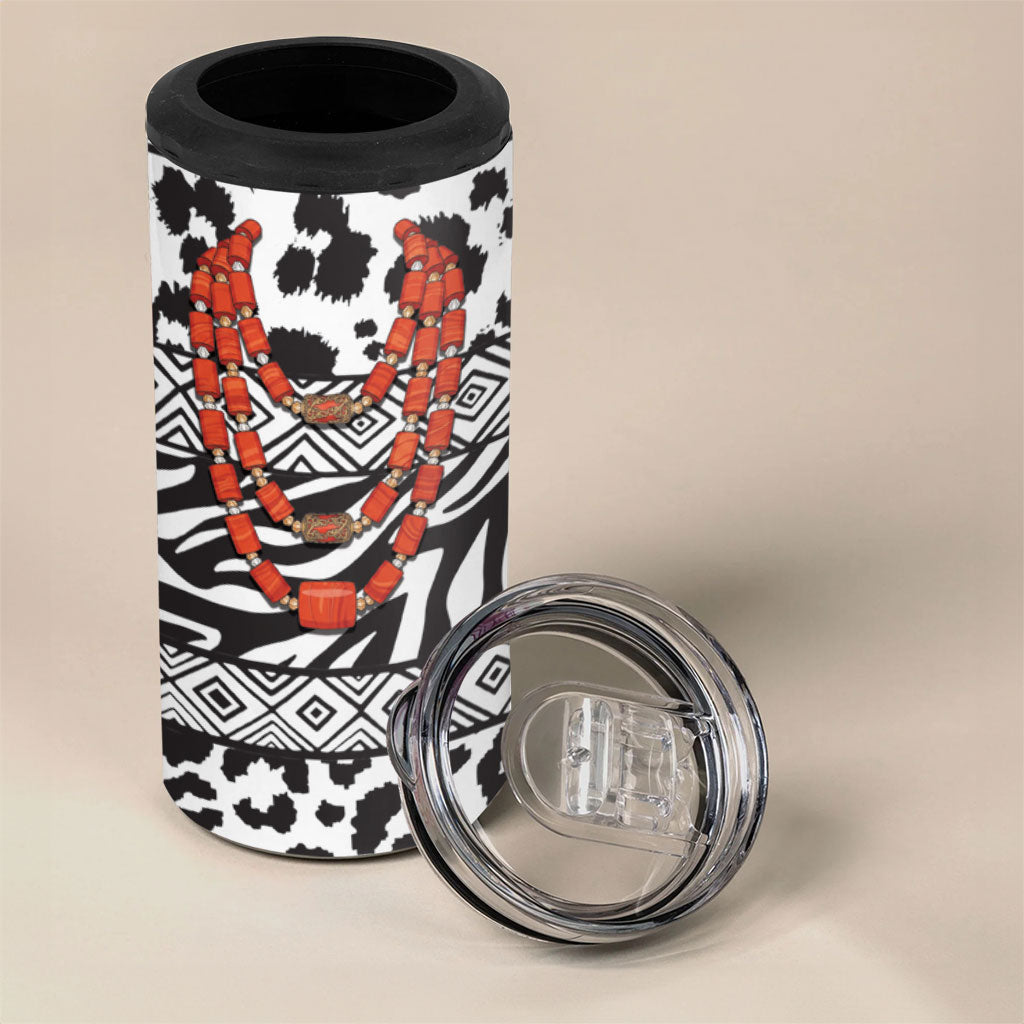 Nigeria Traditional Coral Bead Attire 4 in 1 Can Cooler Tumbler African Tribal Element Wild Animal Skins