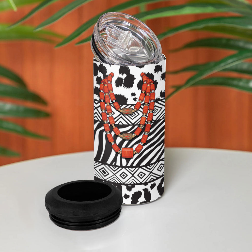 Nigeria Traditional Coral Bead Attire 4 in 1 Can Cooler Tumbler African Tribal Element Wild Animal Skins