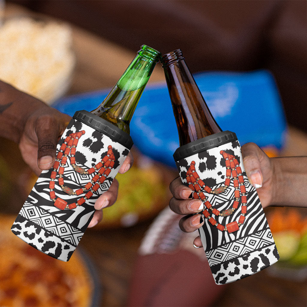 Nigeria Traditional Coral Bead Attire 4 in 1 Can Cooler Tumbler African Tribal Element Wild Animal Skins