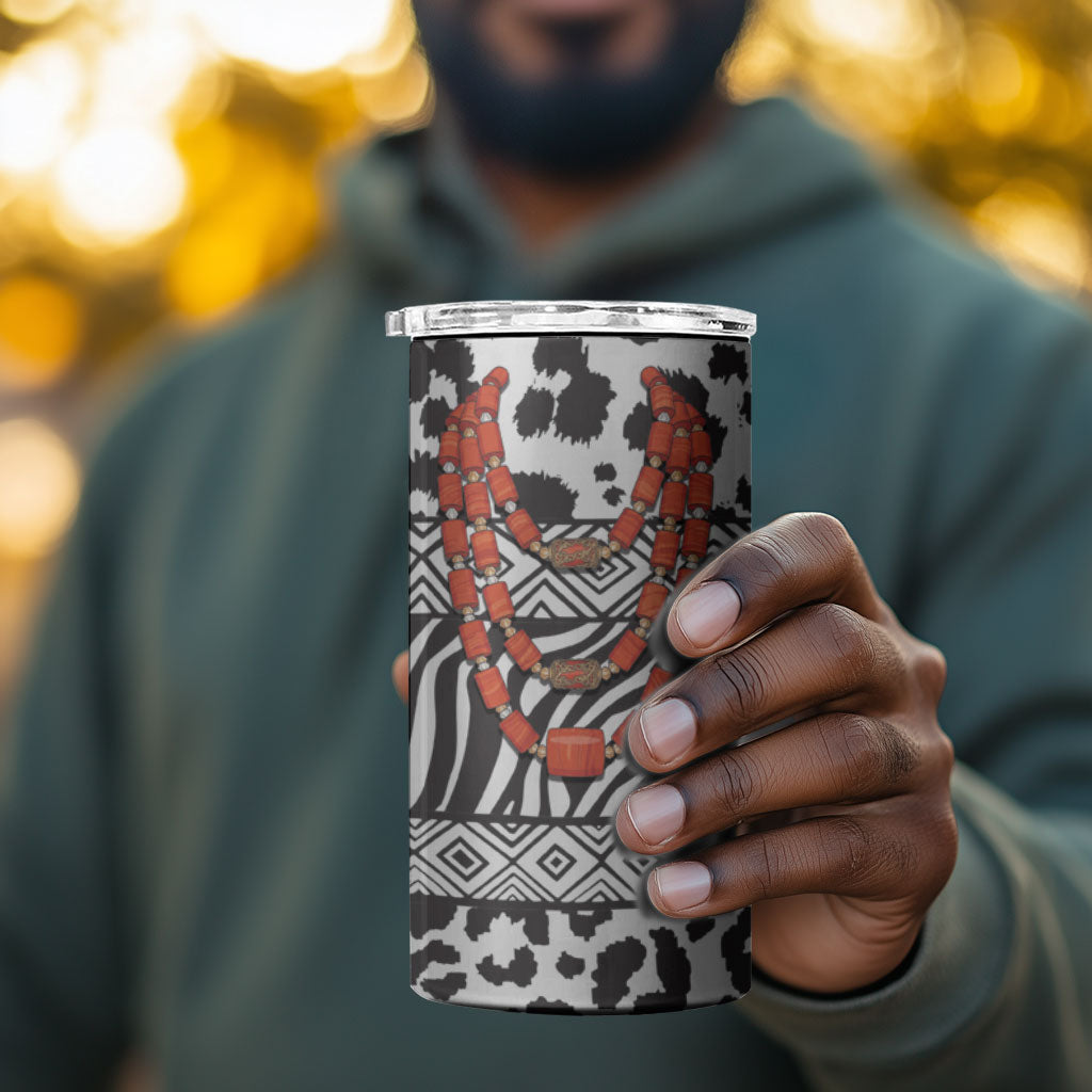 Nigeria Traditional Coral Bead Attire 4 in 1 Can Cooler Tumbler African Tribal Element Wild Animal Skins
