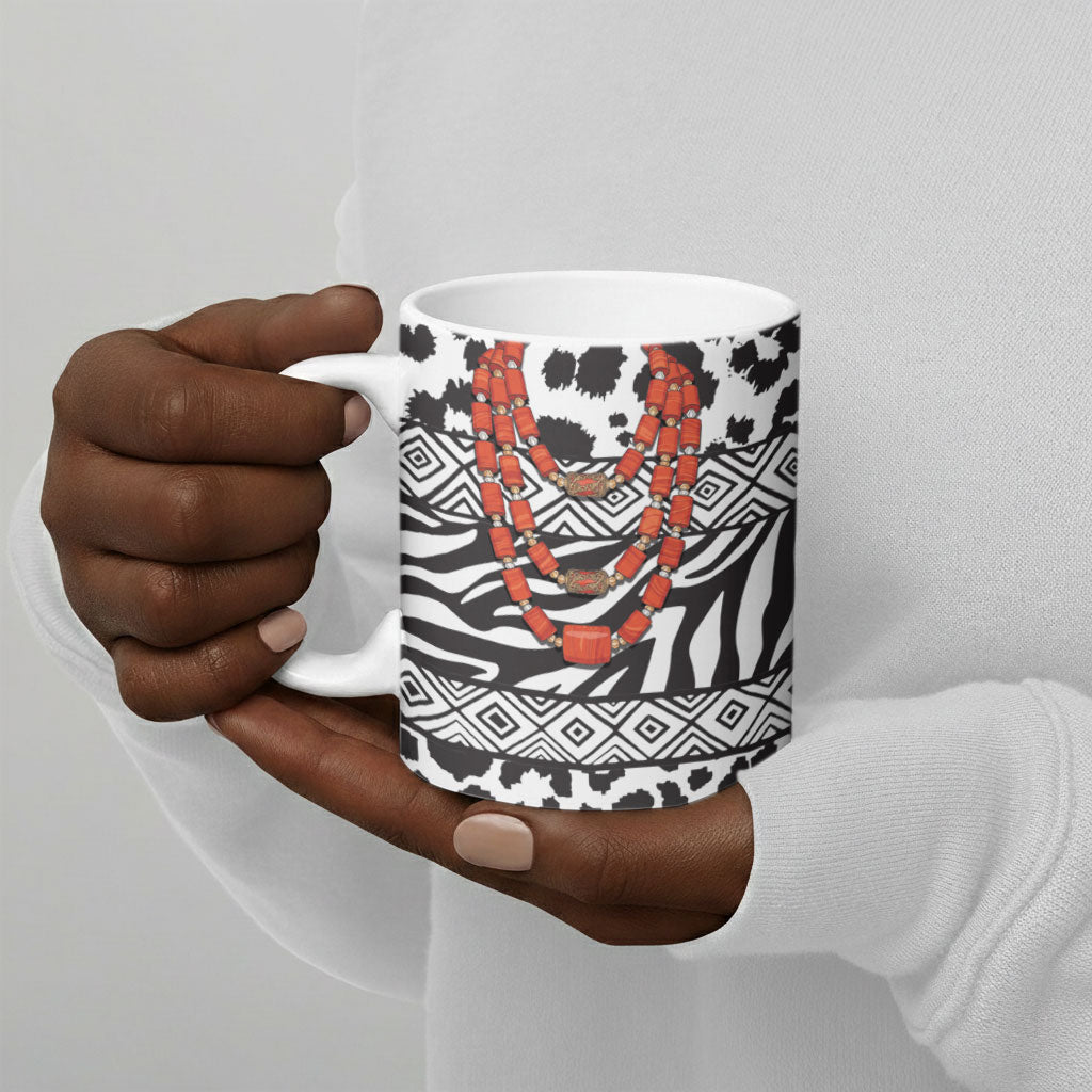 Nigeria Traditional Coral Bead Attire Ceramic Mug African Tribal Element Wild Animal Skins