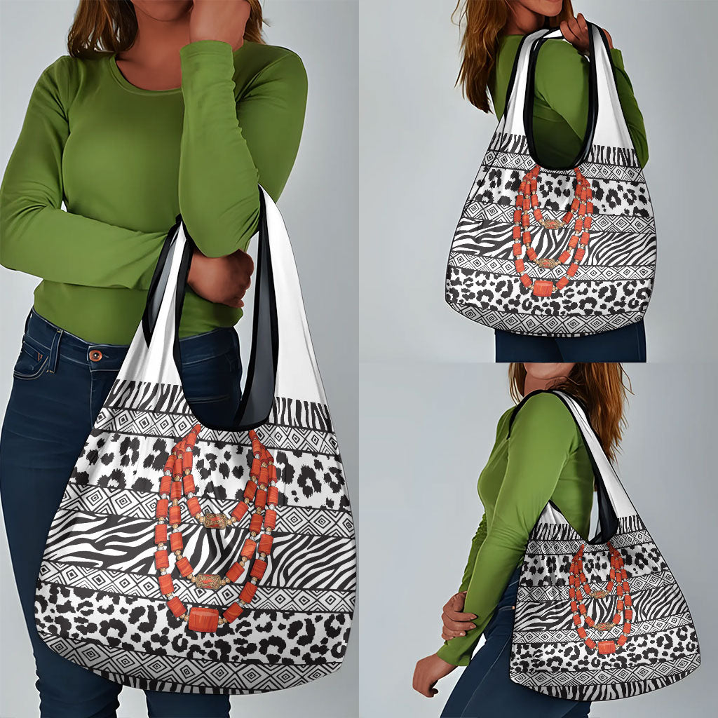 Nigeria Traditional Coral Bead Attire Grocery Bag African Tribal Element Wild Animal Skins