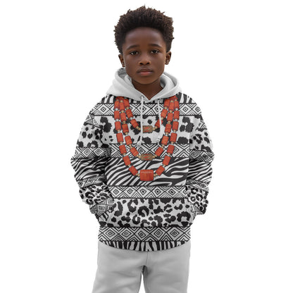 Nigeria Traditional Coral Bead Attire Kid Hoodie African Tribal Element Wild Animal Skins