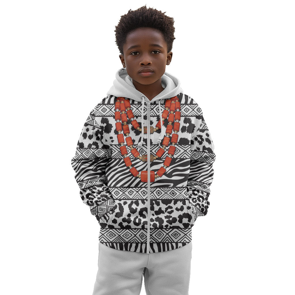 Nigeria Traditional Coral Bead Attire Kid Hoodie African Tribal Element Wild Animal Skins
