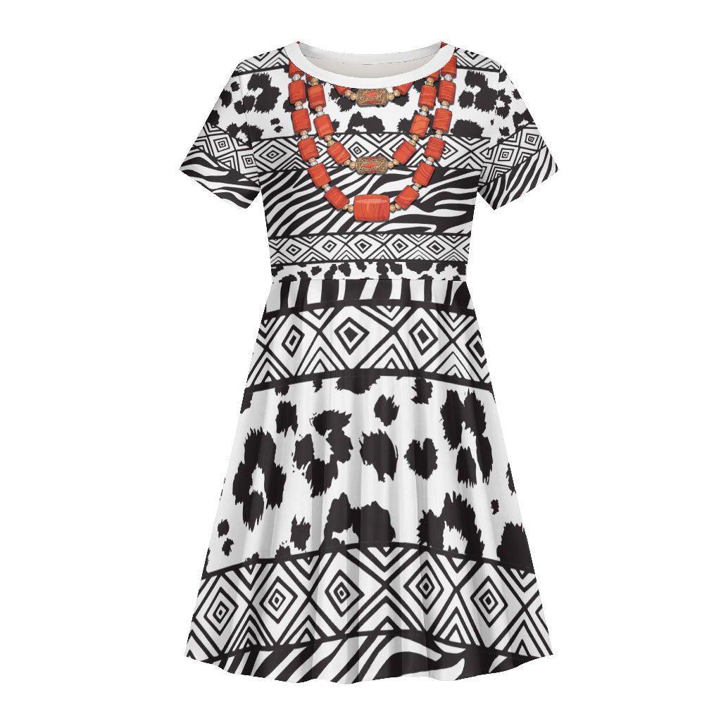 Nigeria Traditional Coral Bead Attire Kid Short Sleeve Dress African Tribal Element Wild Animal Skins