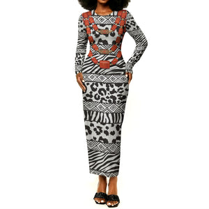 Nigeria Traditional Coral Bead Attire Long Sleeve Bodycon Dress African Tribal Element Wild Animal Skins