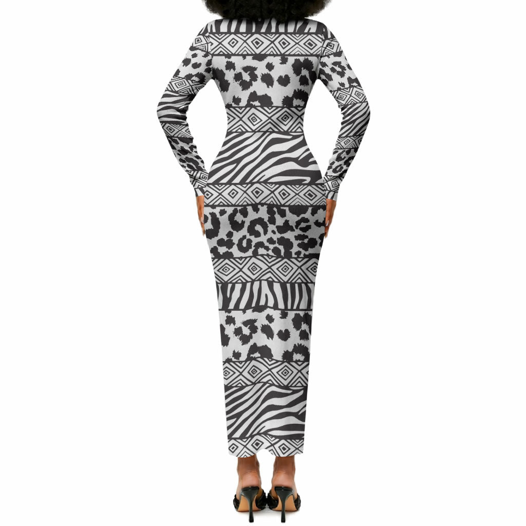 Nigeria Traditional Coral Bead Attire Long Sleeve Bodycon Dress African Tribal Element Wild Animal Skins
