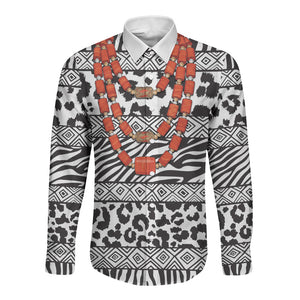 Nigeria Traditional Coral Bead Attire Long Sleeve Button Shirt African Tribal Element Wild Animal Skins
