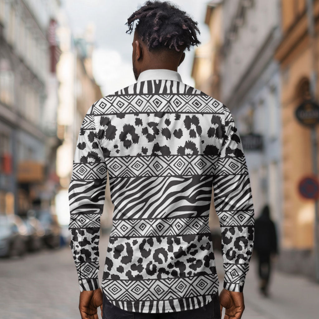 Nigeria Traditional Coral Bead Attire Long Sleeve Button Shirt African Tribal Element Wild Animal Skins