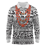 Nigeria Traditional Coral Bead Attire Long Sleeve Polo Shirt African Tribal Element Wild Animal Skins