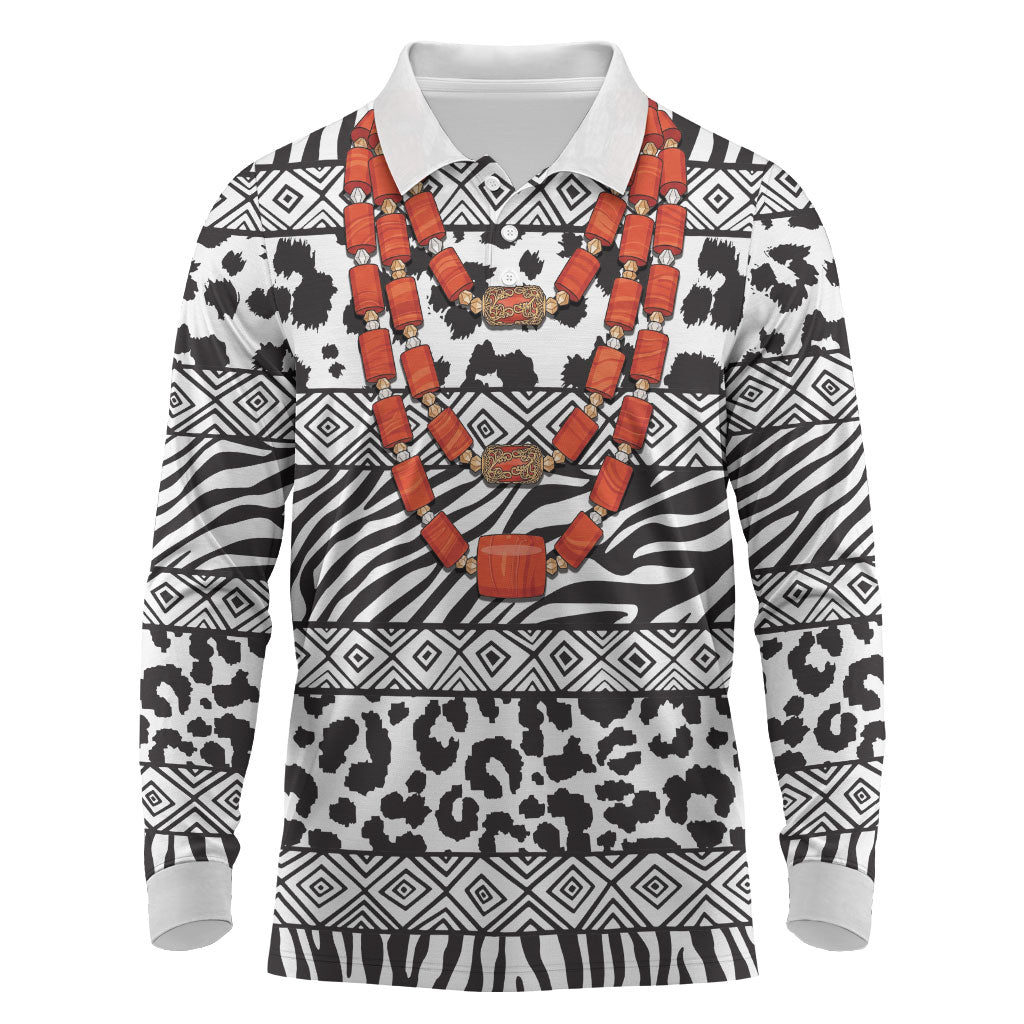Nigeria Traditional Coral Bead Attire Long Sleeve Polo Shirt African Tribal Element Wild Animal Skins