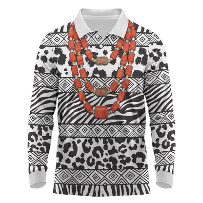 Nigeria Traditional Coral Bead Attire Long Sleeve Polo Shirt African Tribal Element Wild Animal Skins