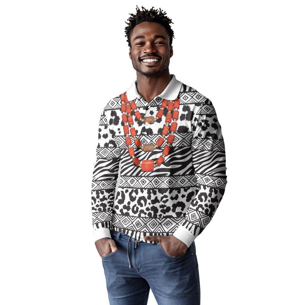 Nigeria Traditional Coral Bead Attire Long Sleeve Polo Shirt African Tribal Element Wild Animal Skins