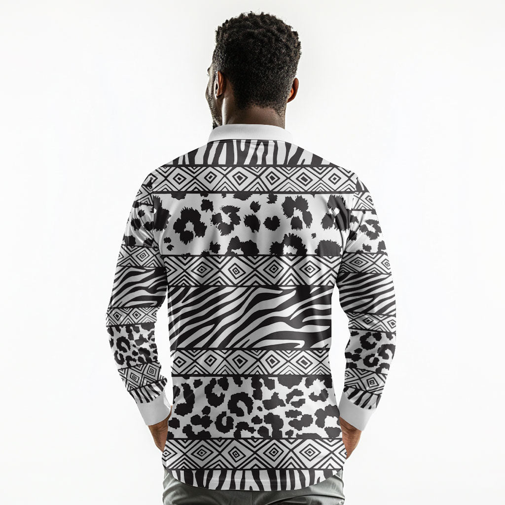 Nigeria Traditional Coral Bead Attire Long Sleeve Polo Shirt African Tribal Element Wild Animal Skins