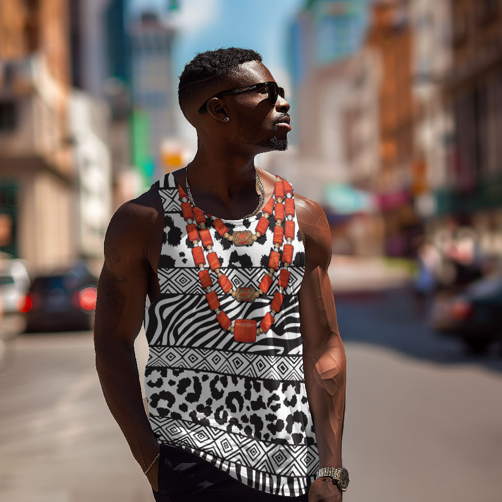Nigeria Traditional Coral Bead Attire Men Tank Top African Tribal Element Wild Animal Skins