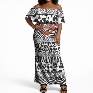 Nigeria Traditional Coral Bead Attire Off Shoulder Maxi Dress African Tribal Element Wild Animal Skins