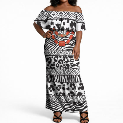 Nigeria Traditional Coral Bead Attire Off Shoulder Maxi Dress African Tribal Element Wild Animal Skins