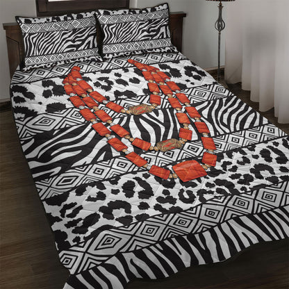 Nigeria Traditional Coral Bead Attire Quilt Bed Set African Tribal Element Wild Animal Skins