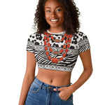 Nigeria Traditional Coral Bead Attire Raglan Cropped T shirt African Tribal Element Wild Animal Skins