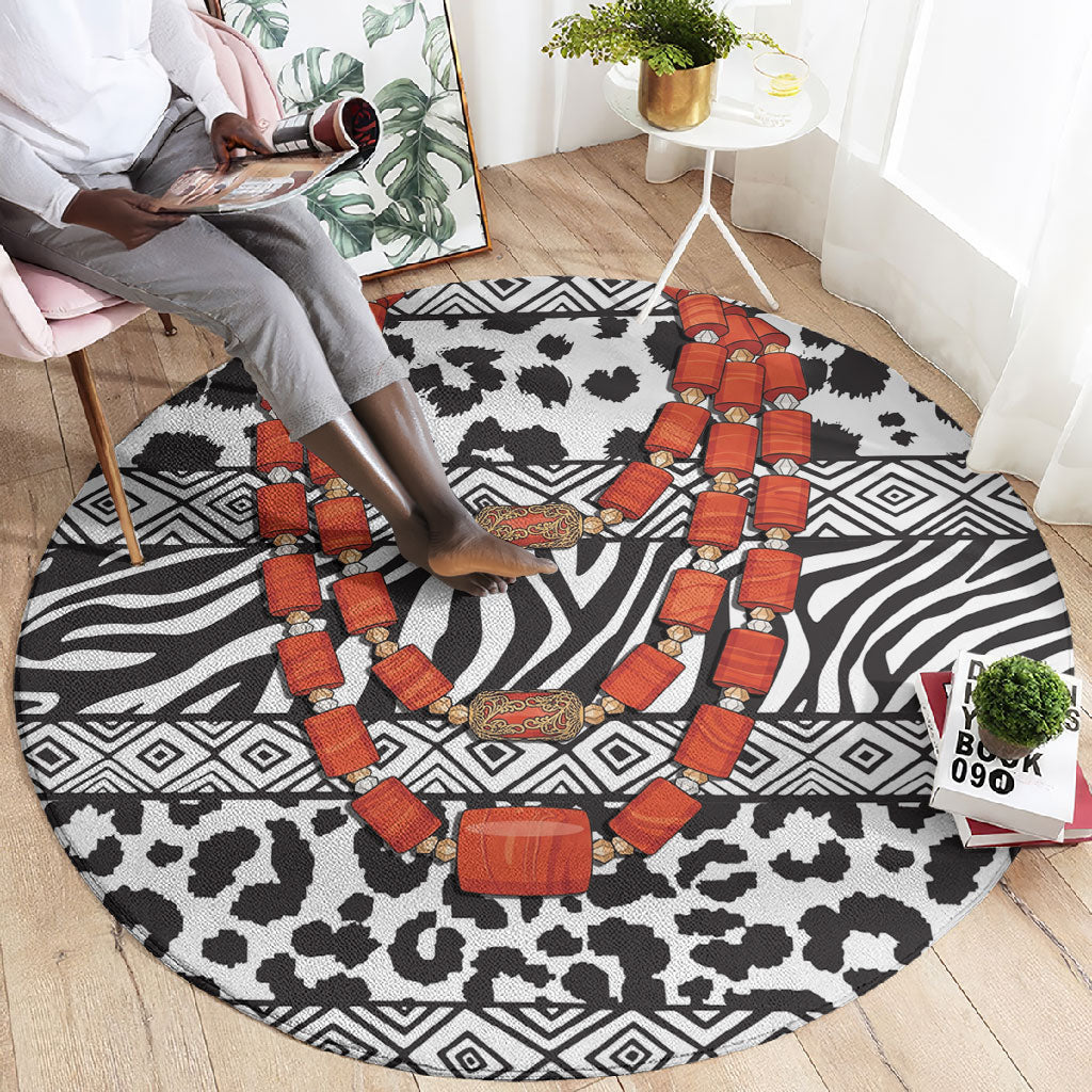 Nigeria Traditional Coral Bead Attire Round Carpet African Tribal Element Wild Animal Skins
