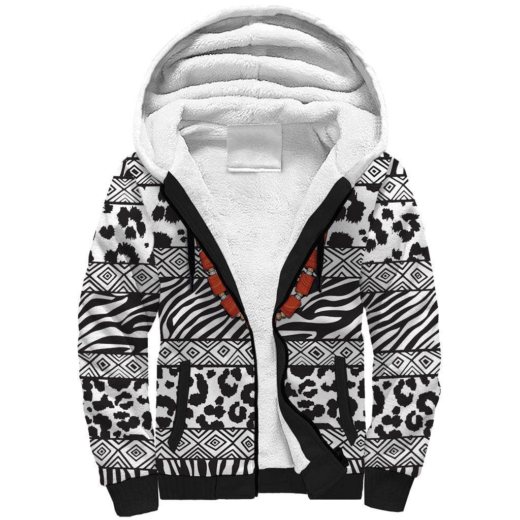 Nigeria Traditional Coral Bead Attire Sherpa Hoodie African Tribal Element Wild Animal Skins