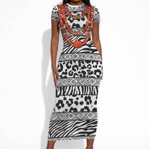 Nigeria Traditional Coral Bead Attire Short Sleeve Bodycon Dress African Tribal Element Wild Animal Skins