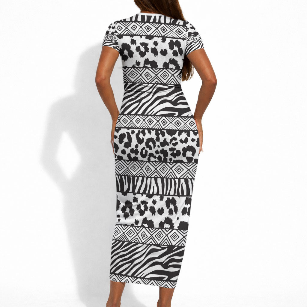 Nigeria Traditional Coral Bead Attire Short Sleeve Bodycon Dress African Tribal Element Wild Animal Skins