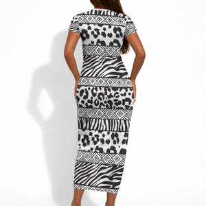Nigeria Traditional Coral Bead Attire Short Sleeve Bodycon Dress African Tribal Element Wild Animal Skins