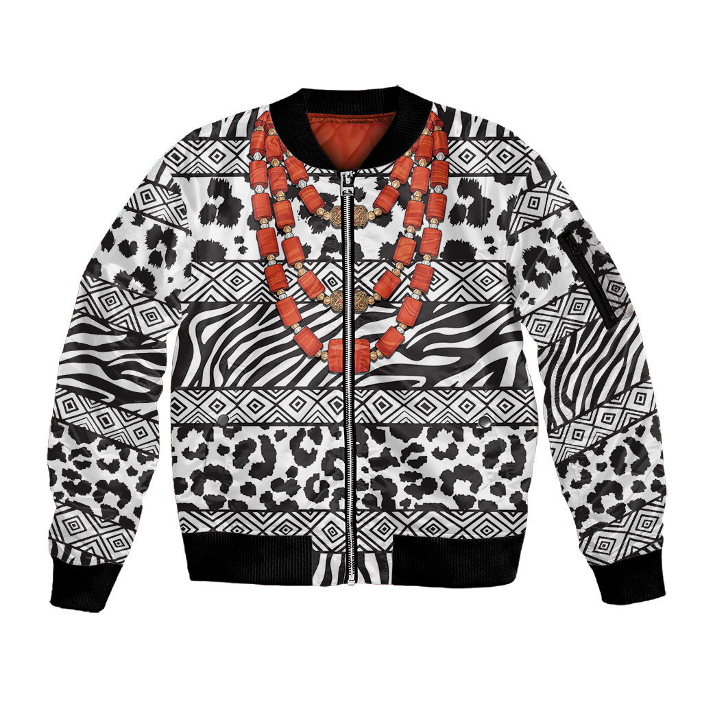 Nigeria Traditional Coral Bead Attire Sleeve Zip Bomber Jacket African Tribal Element Wild Animal Skins