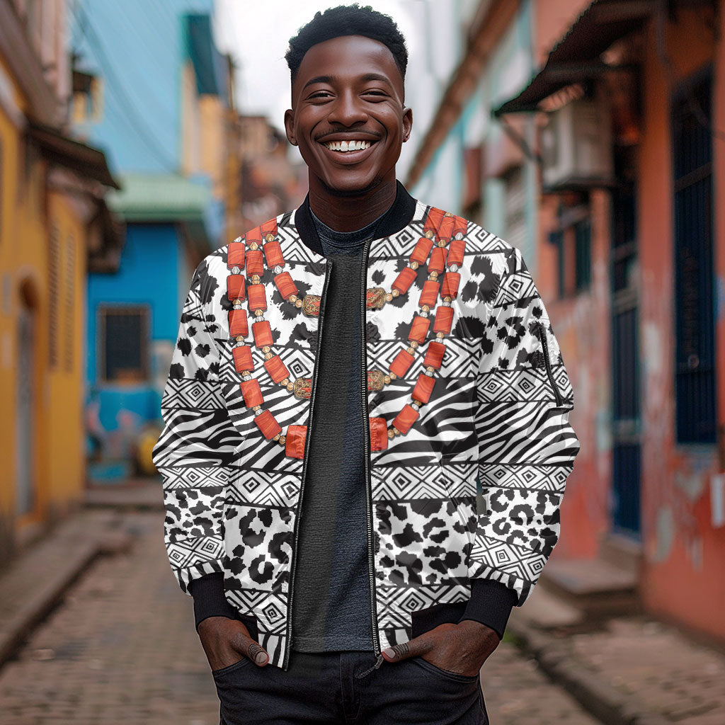 Nigeria Traditional Coral Bead Attire Sleeve Zip Bomber Jacket African Tribal Element Wild Animal Skins