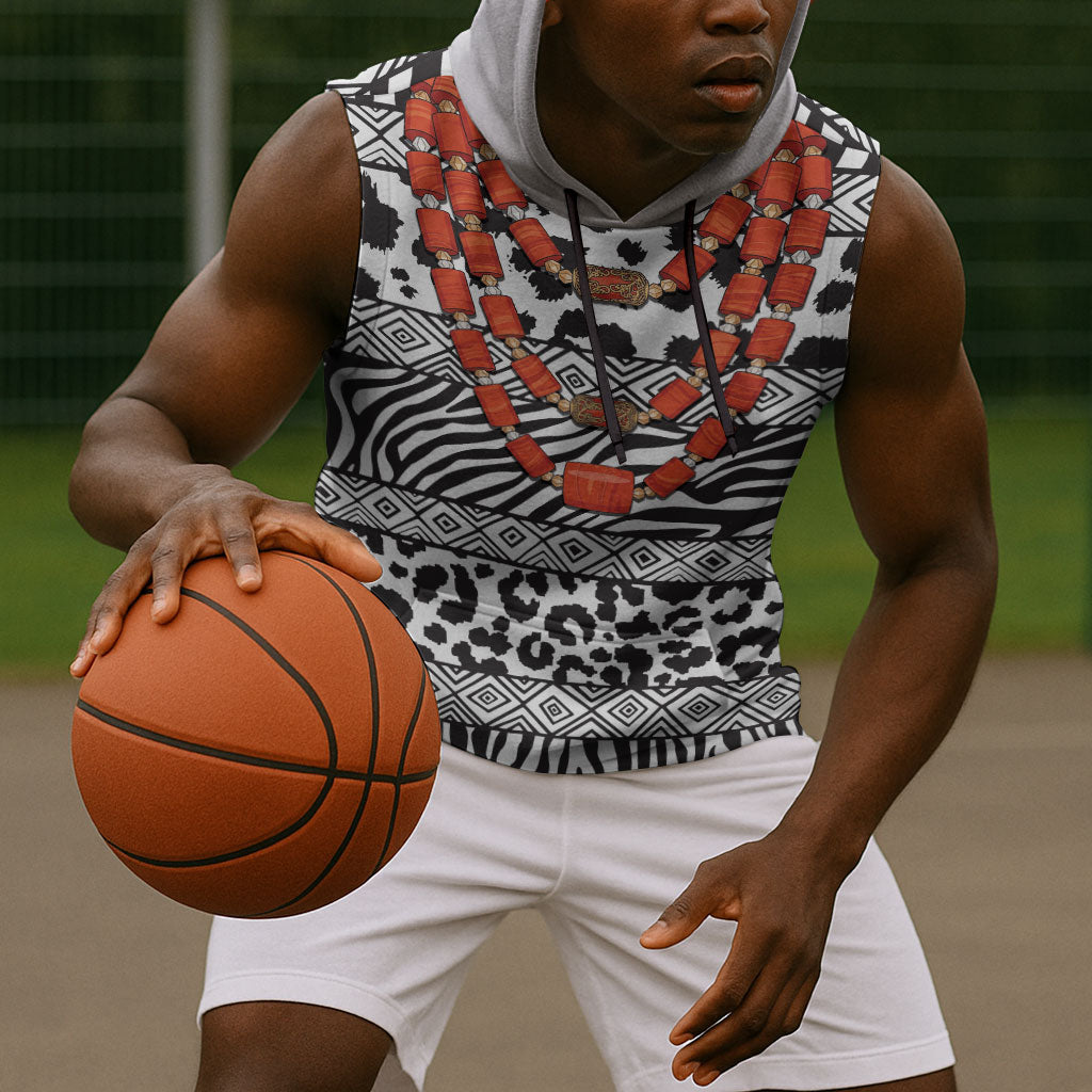 Nigeria Traditional Coral Bead Attire Sleeveless Hoodie African Tribal Element Wild Animal Skins
