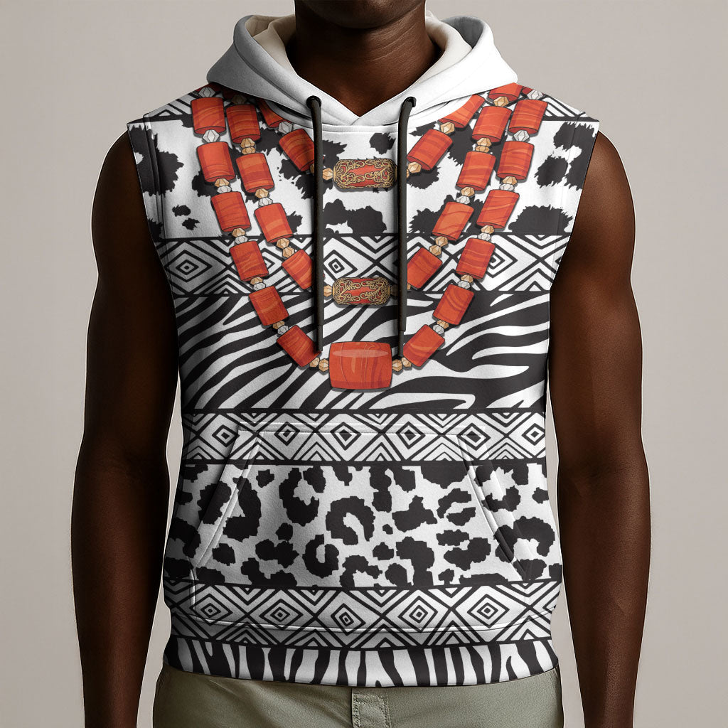 Nigeria Traditional Coral Bead Attire Sleeveless Hoodie African Tribal Element Wild Animal Skins